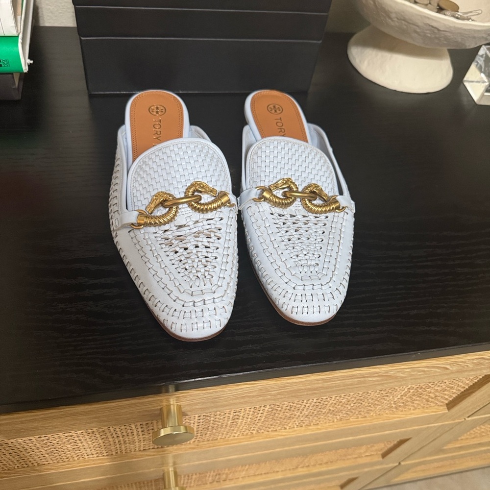 Never worn Tory Burch Sky Blue Mules with Gold Chain Accent
